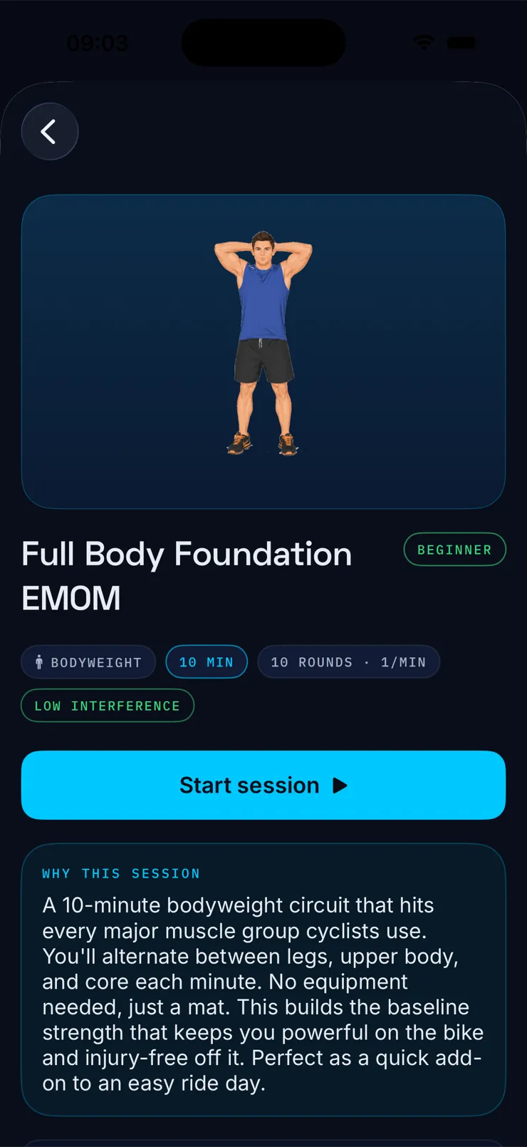 VeloCoach guided strength, a Full Body Foundation session built for cyclists with why this session coaching notes